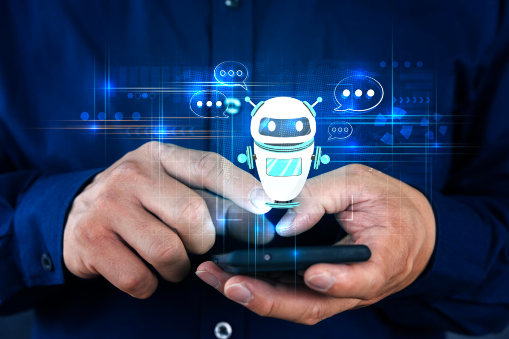 Hands holding phone with chatbot icon