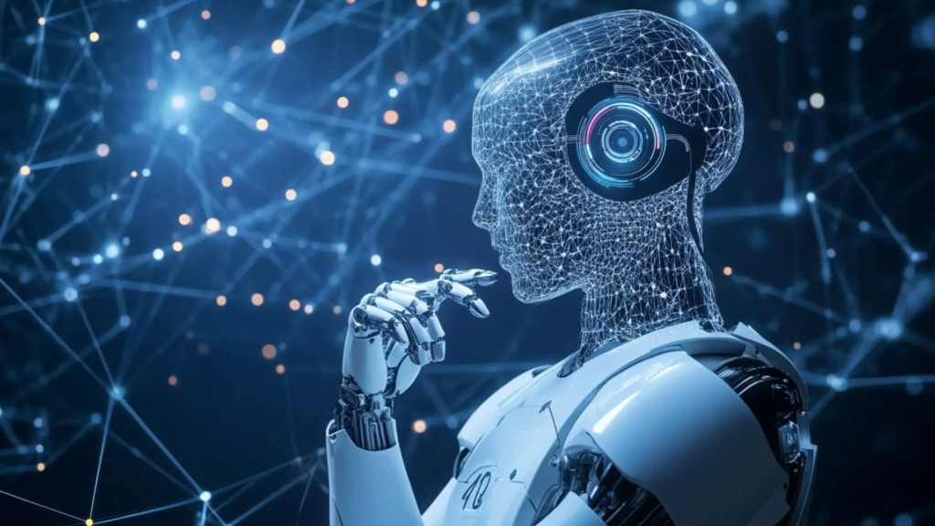 Robot contemplating with network background