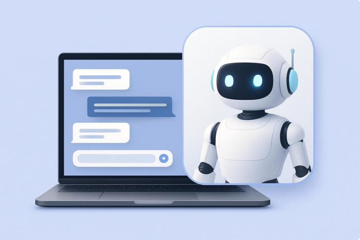 Laptop showing chatbot conversation with robot