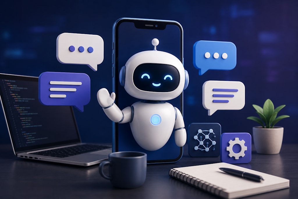 Chatbot on smartphone with coding laptop