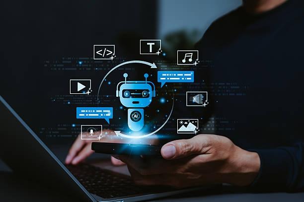 AI chatbot with icons of digital content