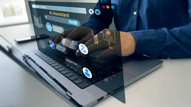 Person typing on laptop with AI interface