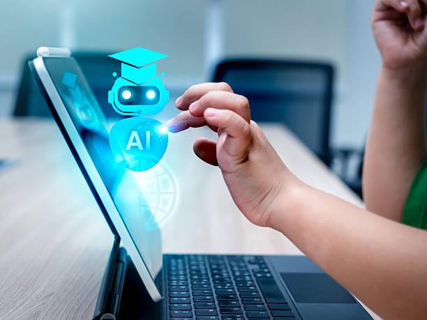 Hand touching AI education icon on tablet