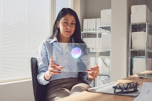 Woman holding transparent tablet with AI interface