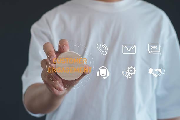 Customer engagement icons around wooden disc